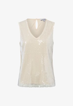 Beige sleeveless top with a V-neckline, featuring a sequin texture, a keyhole back detail, and a soft, smooth fabric finish.