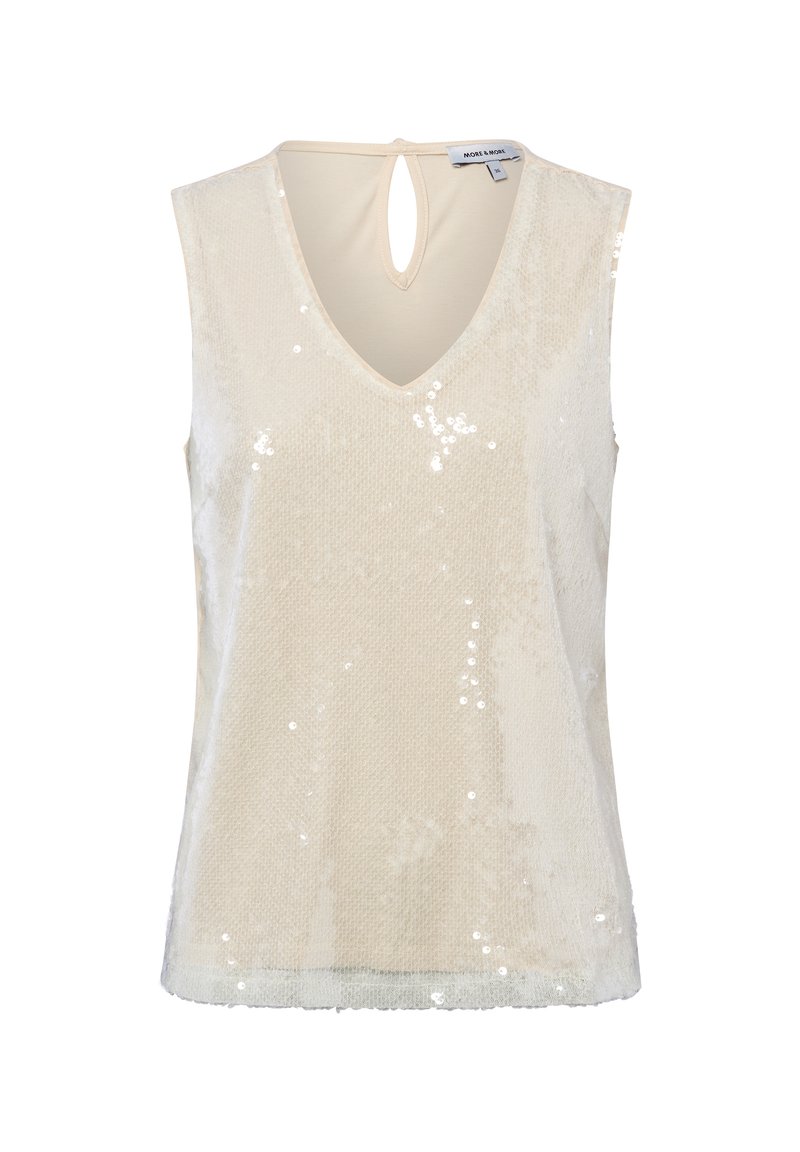 Beiger ärmelloser Oberteil mit V-Ausschnitt, verziert mit Paillettenstruktur, einer Aussparung am Rücken und einem weichen, glatten Stofffinish.