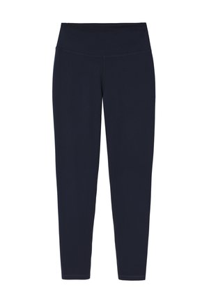 Leggings blu navy realizzati in tessuto elasticizzato, con una vita ampia e cuciture tonali. Texture liscia con un design aderente.