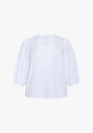 Weiße Bluse mit V-Ausschnitt, vertikalen Streifen und kurzen Puffärmeln. Hergestellt aus leichtem Stoff mit glatter Textur.