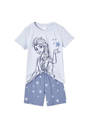 Light blue kids' pajama set with a long-haired girl illustration on the top and star patterns on matching shorts.
