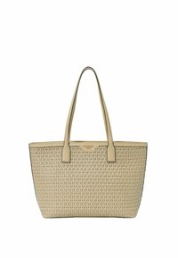 Borsa tote intrecciata beige con forma strutturata, bordi neri e doppi manici per le spalle. Presenta un motivo testurizzato e un dettaglio del logo in rilievo.