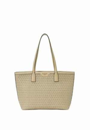 Borsa tote intrecciata beige con forma strutturata, bordi neri e doppi manici per le spalle. Presenta un motivo testurizzato e un dettaglio del logo in rilievo.
