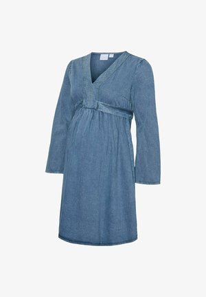 Denim graviditetskjole med lange ærmer, v-hals og sammenfoldet talje. Lyseblå farve; har sømdetaljer og et bindebånd.