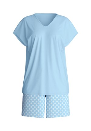 Hellblaues Baumwoll-Pyjama-Set mit V-Ausschnitt, kurzärmligem Oberteil und Shorts mit Polka-Dot-Muster, mit lockerem Schnitt und weicher Textur.