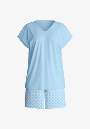 Hellblaues Baumwoll-Pyjama-Set mit V-Ausschnitt, kurzärmligem Oberteil und Shorts mit Polka-Dot-Muster, mit lockerem Schnitt und weicher Textur.