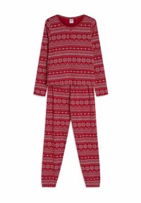 Czerwony zestaw piżamowy w wzory, składający się z długiego rękawa i spodni pełnej długości, zaprojektowany z białymi płatkami śniegu i geometrycznymi wzorami na miękkiej tkaninie.