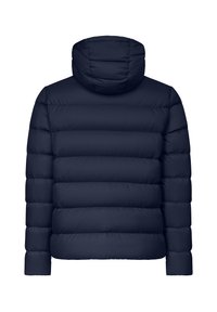 Marineblå puffjakke med høj krave, vandret quilted design og elastiske manchetter. Glat, blød tekstur med hætte.