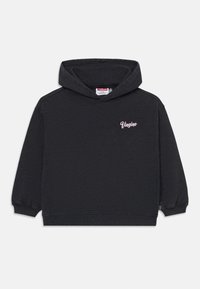 Dunkelgrauer Hoodie aus Baumwollmischung mit einem Logo in zartem Rosa auf der Vorderseite, großzügiger Kapuze sowie gerippten Bündchen und Saum.