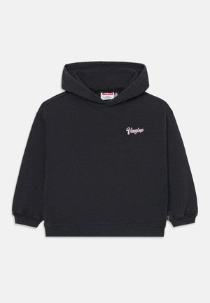 Un sweat à capuche gris foncé en tissu mélangé de coton, doté d'un logo à l'avant en rose pâle, avec une grande capuche et des poignets et un ourlet côtelés.