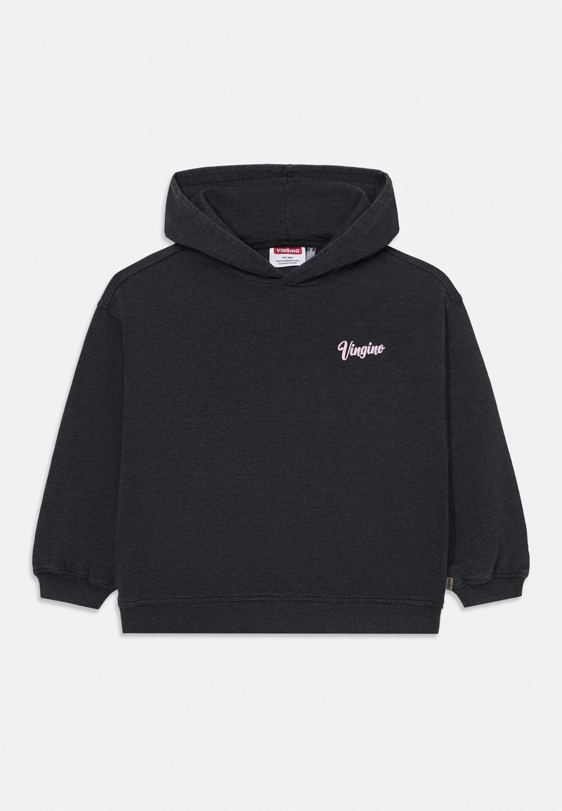 Dunkelgrauer Hoodie aus Baumwollmischung mit einem Logo in zartem Rosa auf der Vorderseite, großzügiger Kapuze sowie gerippten Bündchen und Saum.