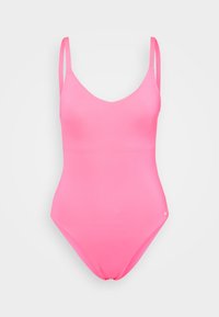 Costume da bagno intero rosa con spalline sottili e scollatura a V. Tessuto morbido e piccolo logo Nike sul lato destro in basso.