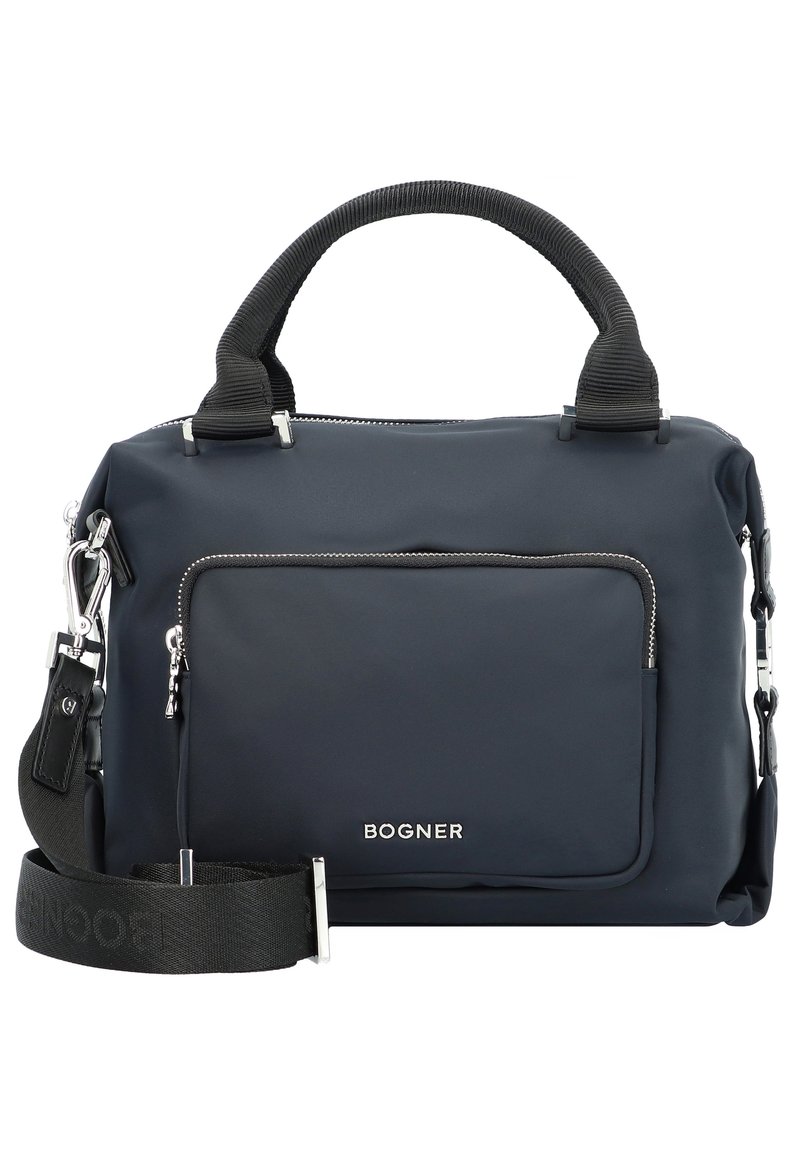 Borsa a tracolla in nylon blu navy con manici superiori doppi, tracolla regolabile, tasca frontale con zip e accessori in argento; logo visibile sul fronte.