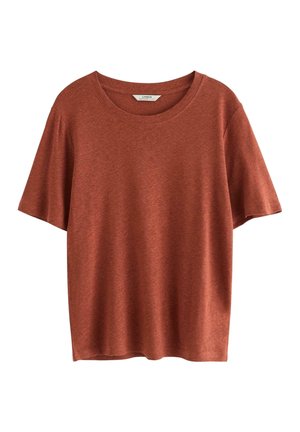 Rustfarvet T-shirt med korte ærmer og rund hals, blød tekstur, vist mod en hvid baggrund.
