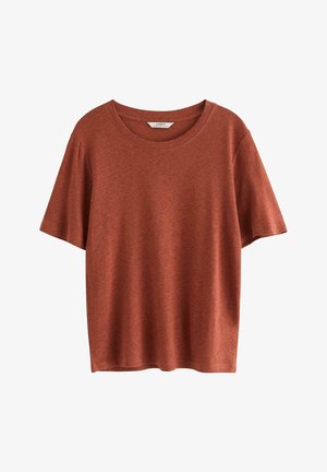 Rustfarvet T-shirt med korte ærmer og rund hals, blød tekstur, vist mod en hvid baggrund.