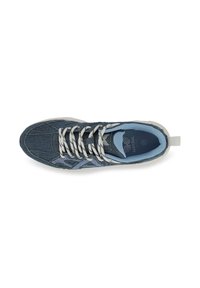 Denim canvas sneaker in dark blue with white laces, patterned accents, and a light blue insole. Features a textured upper and white rubber sole.