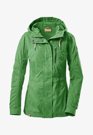 Grøn vandtæt jakke med hætte, lynlåslomme på brystet, snoretræk-detaljer og en glat, let skinnende tekstur.