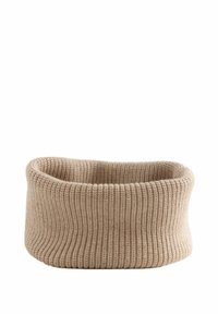 Panier de rangement en tissu tricoté beige, avec une texture côtelée large, un matériau doux et un bord supérieur arrondi pour un accès facile.