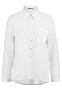 Weißes Langarmhemd mit Knopfleiste, spitzem Kragen, einer einzelnen Brusttasche und hochgeschlagenen Manschetten. Hergestellt aus einem leichten Stoff.