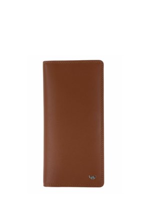 Brown leather long wallet with stitched edges and a small silver emblem in the bottom right corner.