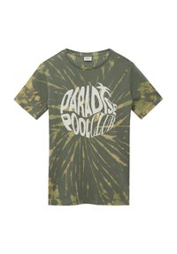 Grünes Batik-Cotton-T-Shirt mit Rundhalsausschnitt. Auf der Vorderseite befindet sich ein großes, zentrales weißes Grafikdesign mit dem Schriftzug "PARADISE POOL CLUB".