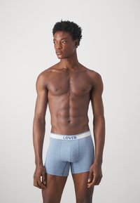 Μπλε μποξεράκια Levi's με άσπρη και μπλε ζώνη, εφαρμοστό σχήμα, μαλακή υφή και λεία επιφάνεια, μοντελοποιημένα από άτομο χωρίς πουκάμισο.