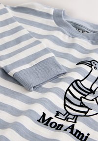Striped sweater in light blue and white with ribbed cuffs. Features an embroidered bird design and 'Mon Ami' text in black.