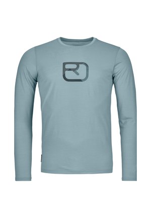 Light blue long-sleeve shirt made of soft fabric, featuring a dark gray graphic logo on the front, round neckline, and standard fit.