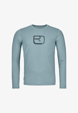 Light blue long-sleeve shirt made of soft fabric, featuring a dark gray graphic logo on the front, round neckline, and standard fit.