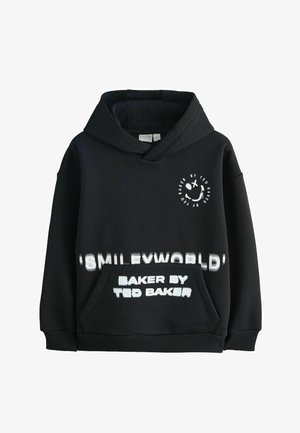 Sort hættetrøje i bomuld med hvidt grafisk tekst og smiley-logo. Frontlomme og ribbede manchetter.