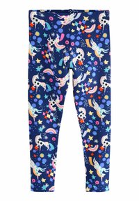 Leggings bleu marine arborant un motif de licorne, d'arc-en-ciel et géométrique dans des couleurs vives, fabriqués en tissu extensible avec une texture lisse.