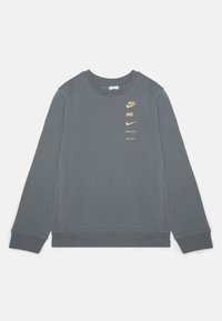 Grå Nike-tröja i mjukt tyg, med långa ärmar, rund halsringning och guldlogotryck på framsidan.