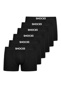 Schwarze Boxershorts im Paket mit sechs Stück. Aus glattem Stoff mit elastischen Bund, im Markenlogo "SNOCKS" in weißer Schrift.
