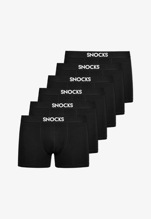 Black boxer shorts in a pack of six. Made of smooth fabric with elastic waistbands, displaying the brand "SNOCKS" in white lettering.