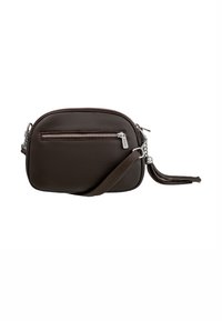 Braune Leder-Crossbody-Tasche mit einer Reißverschlusstasche vorne, einer ketteverzierten Tragriemen und einem Quasten-Detail am Reißverschluss-Zipper.