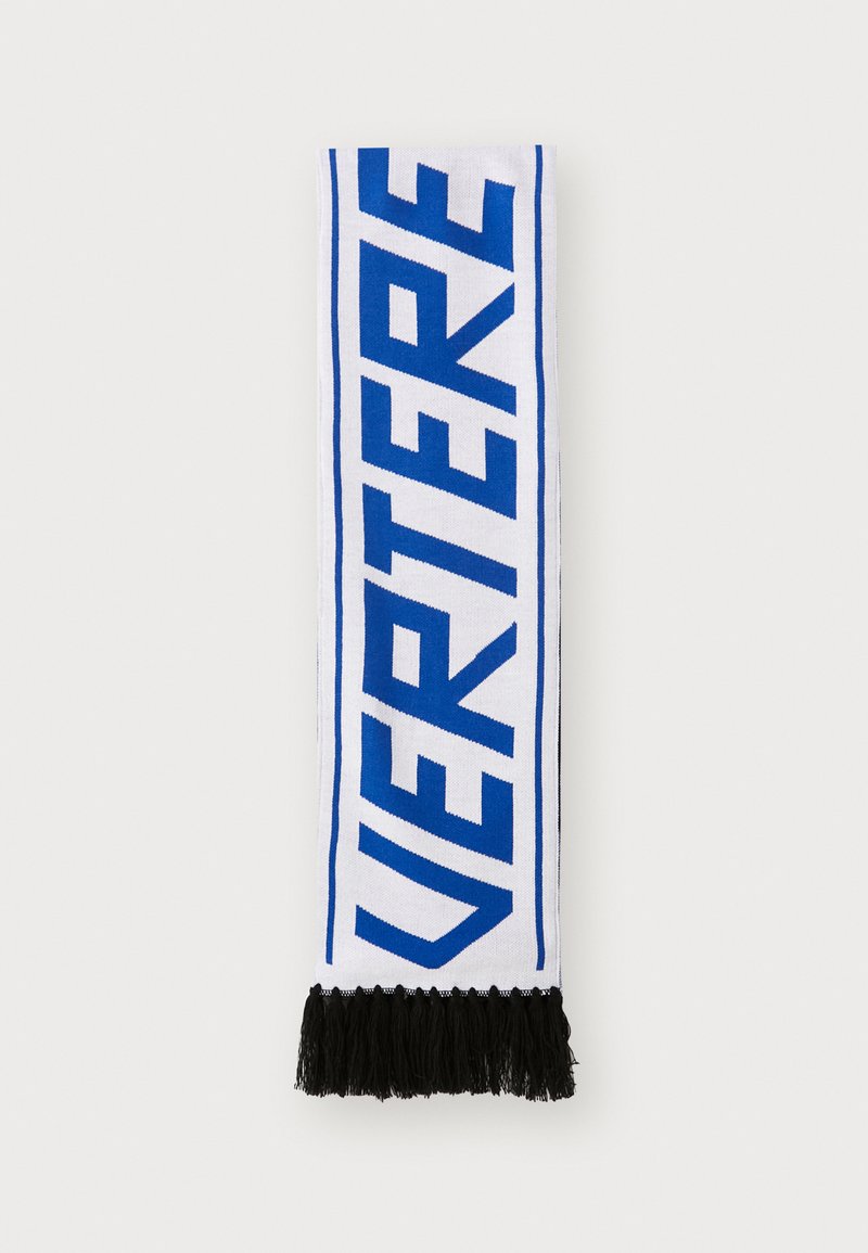 White scarf featuring bold blue lettering spelling "VERTERE." Edges are trimmed with black fringe, adding texture and detail.