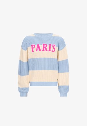 Blau-beige gestreifter Strickpullover mit Rundhalsausschnitt und langen Ärmeln, der das Wort "PARIS" in Pink auf der Vorderseite trägt.