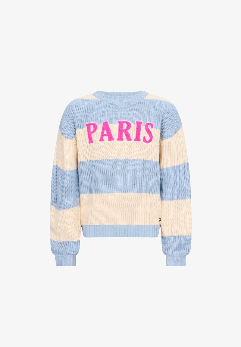 Blauwe en beige gestreepte gebreide sweater met een ronde hals en lange mouwen, met het woord "PARIJS" in het roze op de voorkant.