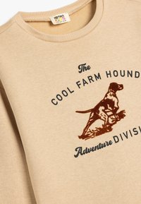Felpa beige con colletto a costine. Presenta un'illustrazione di un cane stampata in marrone e testo nero: "La DIVISIONE AVVENTURA del COOL FARM HOUND."