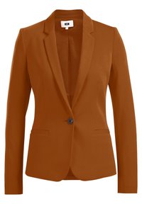 Brun kavaj i slät tyg, med en enkel knappstängning, skärpkrage och två framfickor. Enkel och skräddarsydd design.