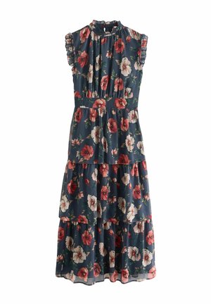 Floral dress in dark blue with a high neck, ruffled cap sleeves, and tiered design. Features large red and pink flowers on a lightweight fabric.