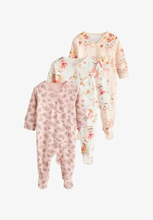Trei body-uri pentru băieți cu mânecă lungă, în culori pastelate și modele florale. Material din bumbac, cu nasturi tip capse și design cu piciorușe.