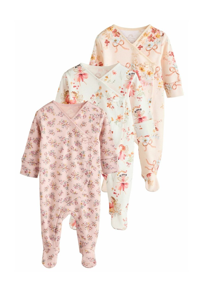 Tre body a maniche lunghe per bebè in colori pastello con motivi floreali. Realizzati in cotone, con bottoni a pressione e design con piedi.