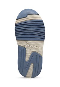 Semelle en caoutchouc bleue avec une surface texturée, dotée d'une semelle intermédiaire blanche et d'un design ondulé. Marquée avec "Naturino" et des détails de taille.