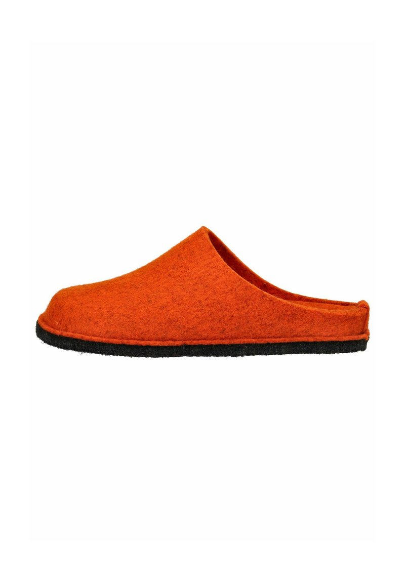 Orange filtslipper med sort sål, lukket tå og åben bag, vist i sideprofil på hvid baggrund.