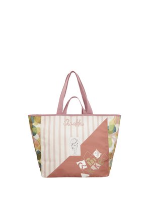 Borsa tote rosa e beige con doppio manico, con righe, lati floreali astratti e piccola illustrazione di bambina con marchio "Anekke".