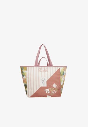 Borsa tote rosa e beige con doppio manico, con righe, lati floreali astratti e piccola illustrazione di bambina con marchio "Anekke".