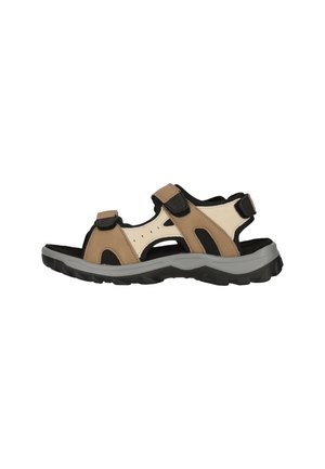 Sandale ouverte pour homme en marron et beige avec des brides noires réglables et une semelle épaisse grise pour une utilisation extérieure.