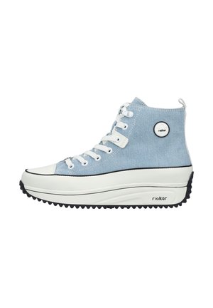 Baskets montantes en textile bleu clair avec des lacets blancs, une semelle en caoutchouc, des accents noirs et un logo circulaire sur le côté.