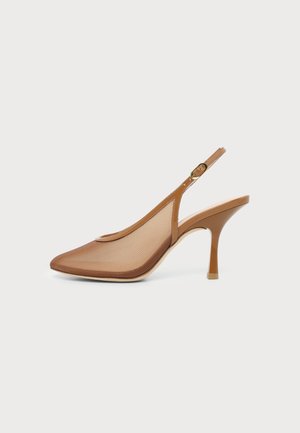 Brown mesh slingback pump with pointed toe, mid-height stiletto heel, and gold buckle strap on a white background.